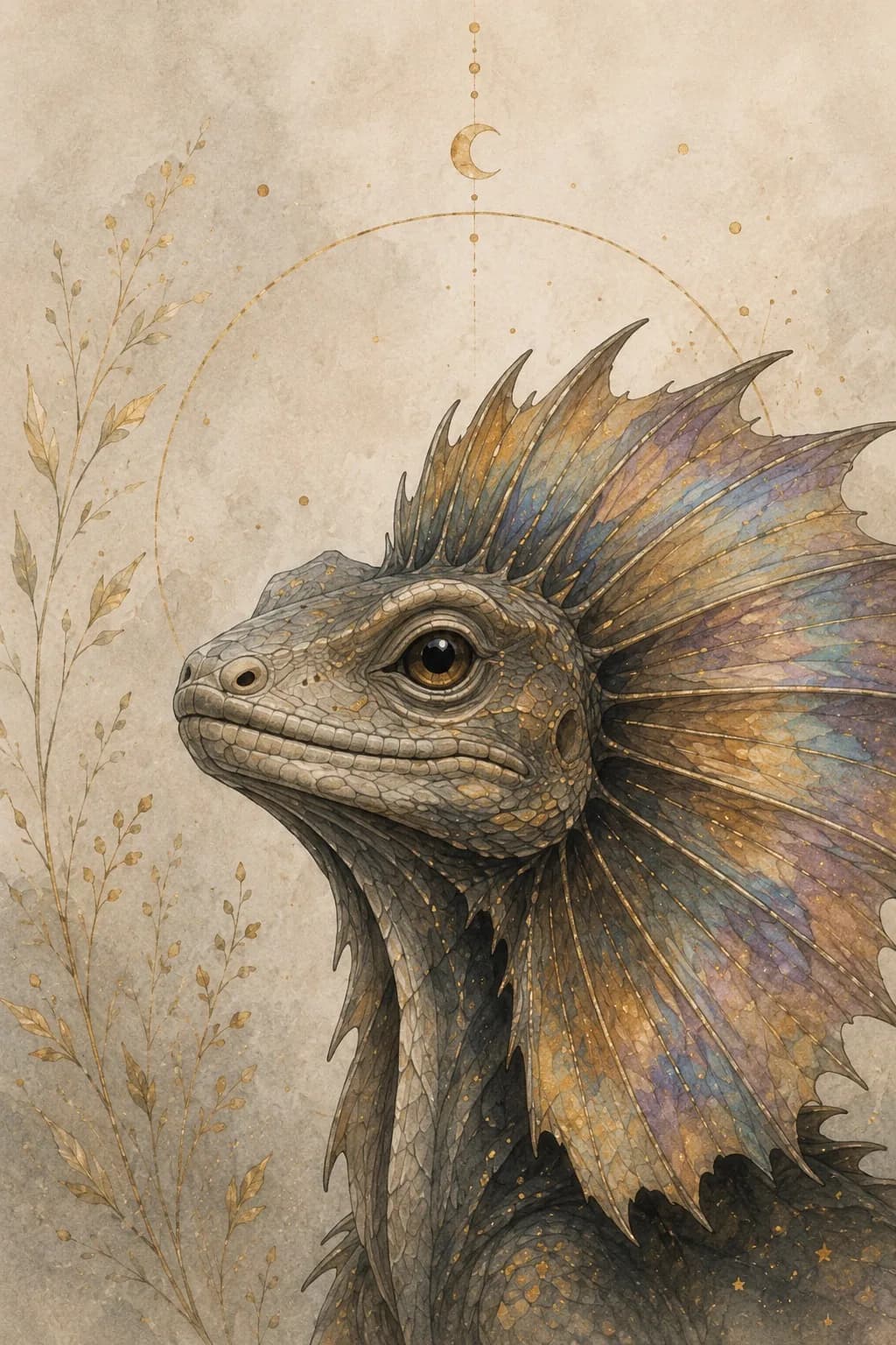 Aquarell-Nahaufnahme einer Kragenechse im Profil mit aufgestelltem, schillerndem Kragen; darüber ein feiner Goldkreis mit einer Mondsichel.